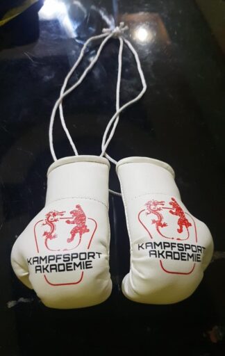 Weißer Miniboxhandschuh mit schwarz / roter Bedruckung, Preis auf Anfrage!